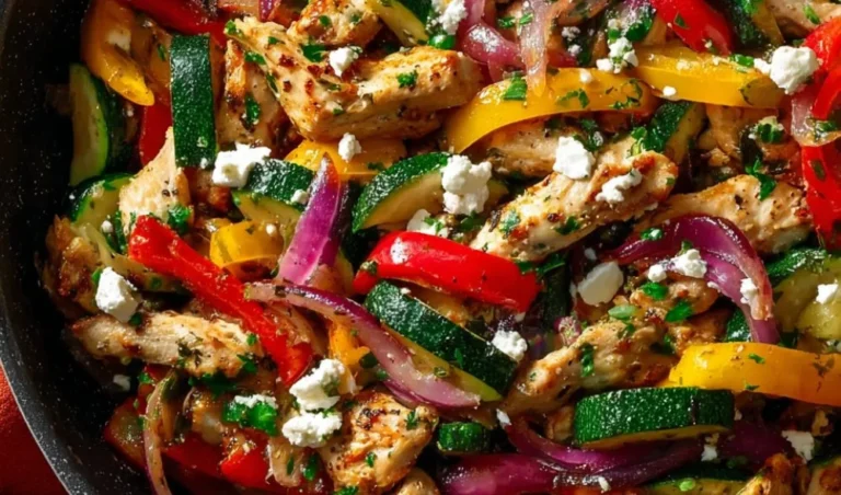 Mediterranean Chicken stir fry with colorful vegetables in a skillet