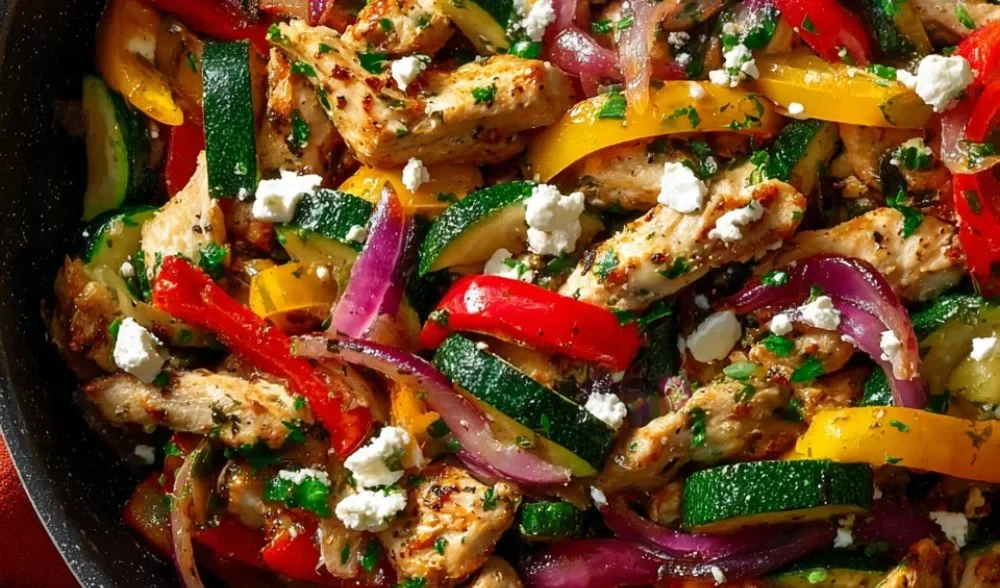 Mediterranean Chicken stir fry with colorful vegetables in a skillet