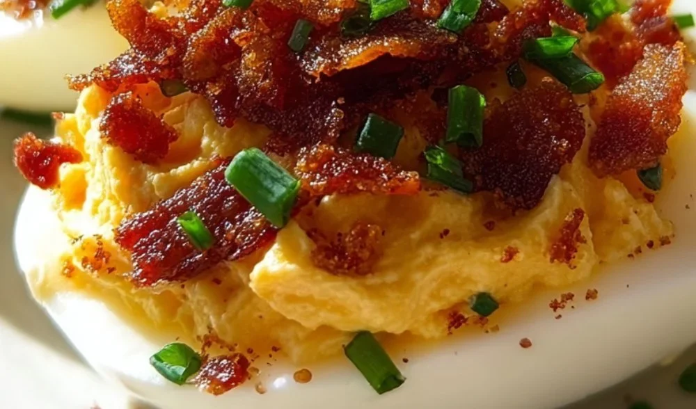 Plate of Million Dollar Deviled Eggs topped with herbs and spices