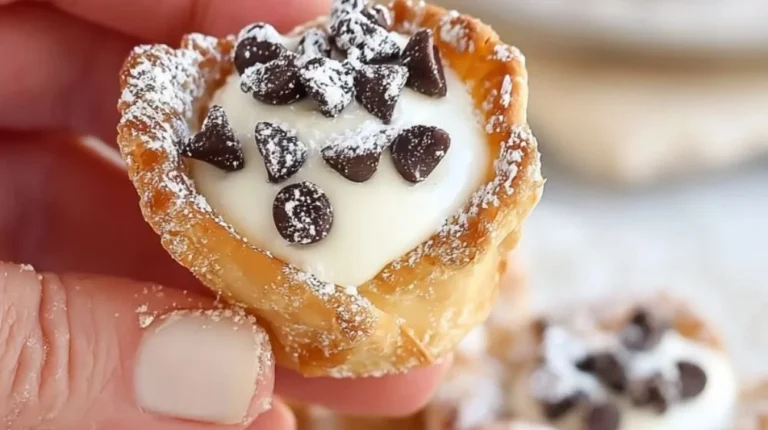Delicious mini cannoli cups filled with creamy ricotta and topped with chocolate chips.