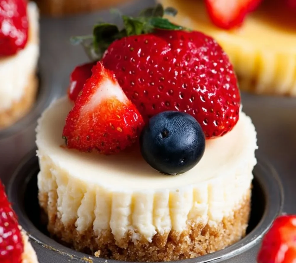 Delicious mini cheesecakes topped with fruit and whipped cream
