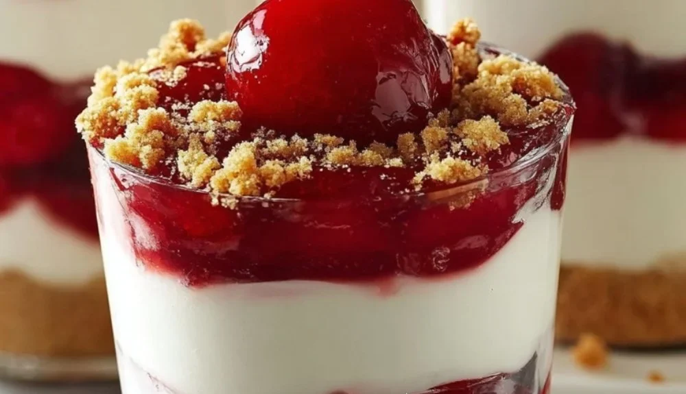No-bake cheesecake parfait layered with cream and fruit in a glass