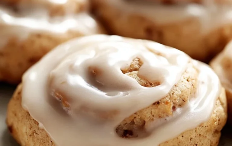 Delicious no-bake cinnamon roll cookies arranged on a plate with icing.