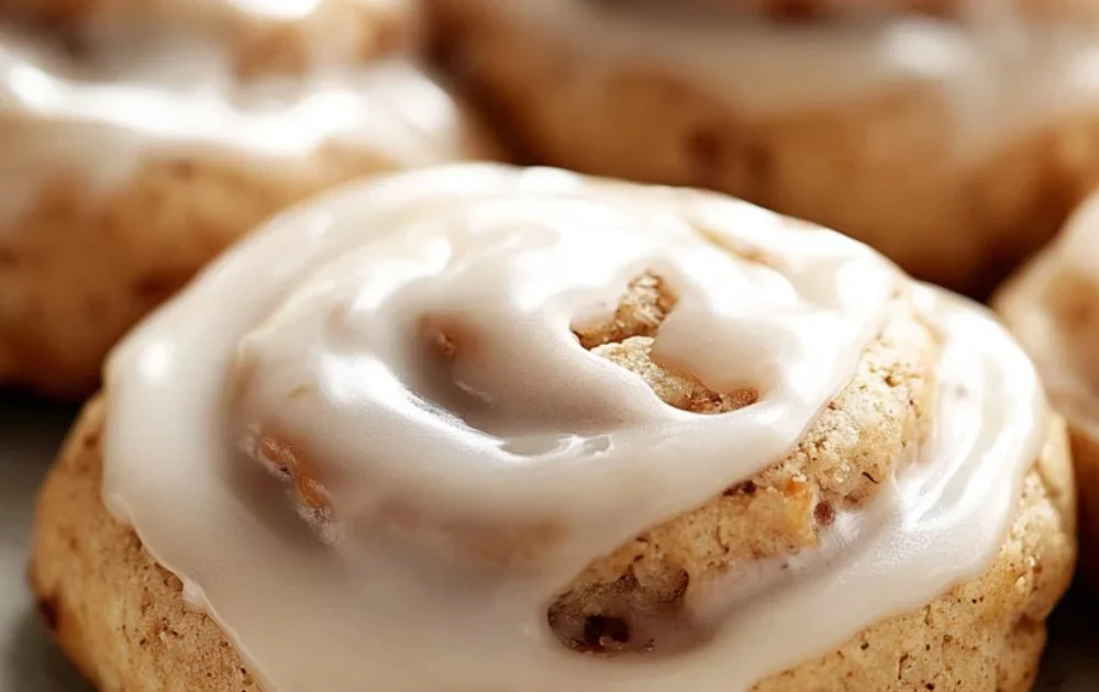 No-Bake Cinnamon Roll Cookies 1 Delicious no-bake cinnamon roll cookies arranged on a plate with icing.