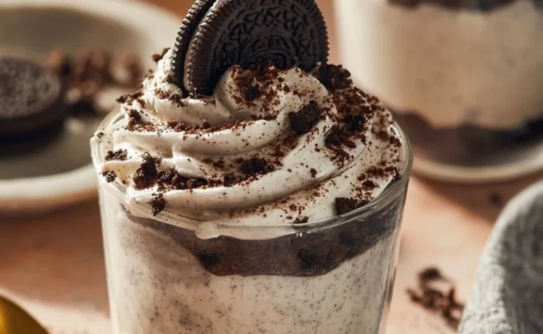 Delicious no bake Oreo cheesecake cups served in clear dessert cups.