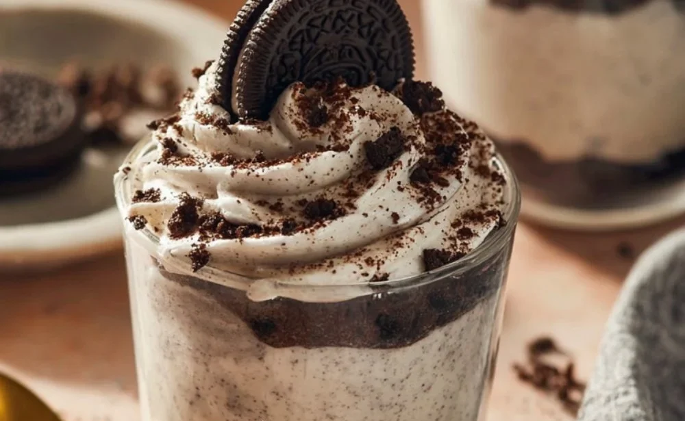 Delicious no bake Oreo cheesecake cups served in clear dessert cups.