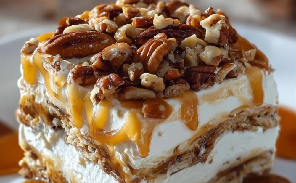 No-bake turtle lasagna dessert with caramel and chocolate layers