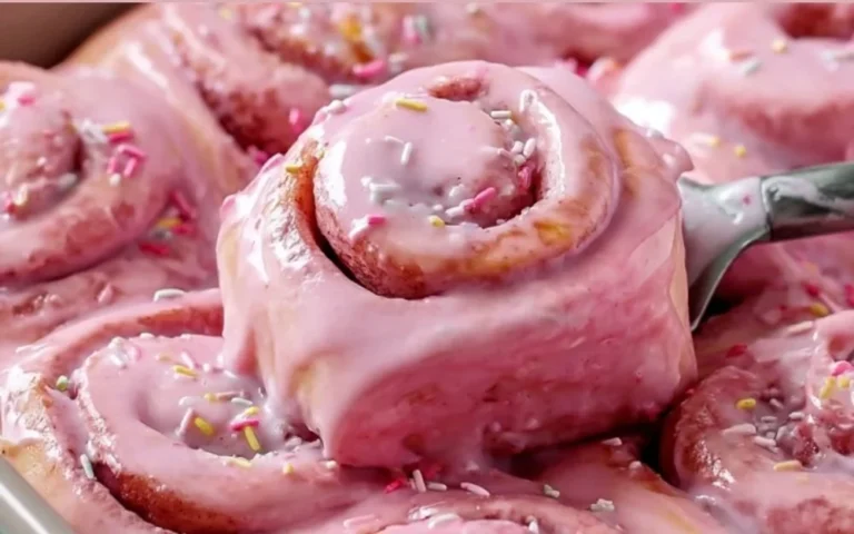 Pink Velvet Cinnamon Rolls topped with cream cheese frosting