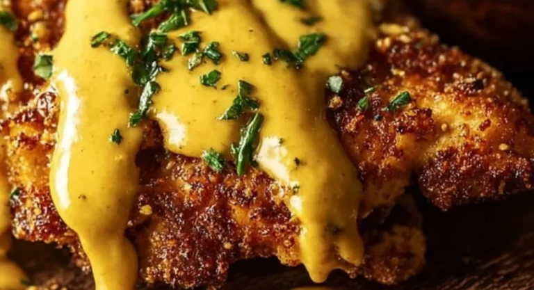 Pretzel chicken served with mustard-cheddar sauce on a plate