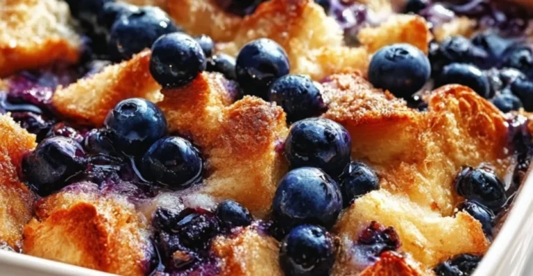 Delicious quick blueberry French toast casserole baked in a dish
