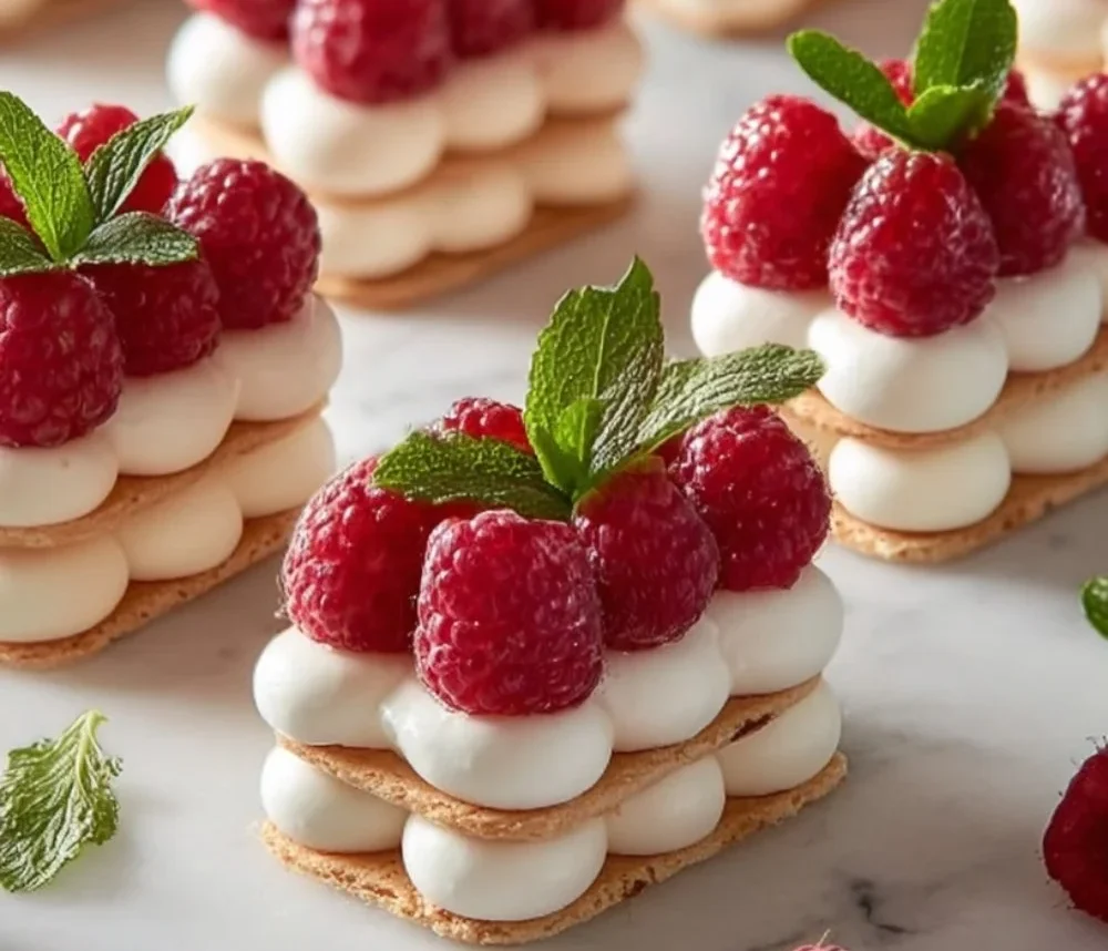 Delicious Raspberry Cream Napoleons with layers of pastry and creamy raspberry filling.