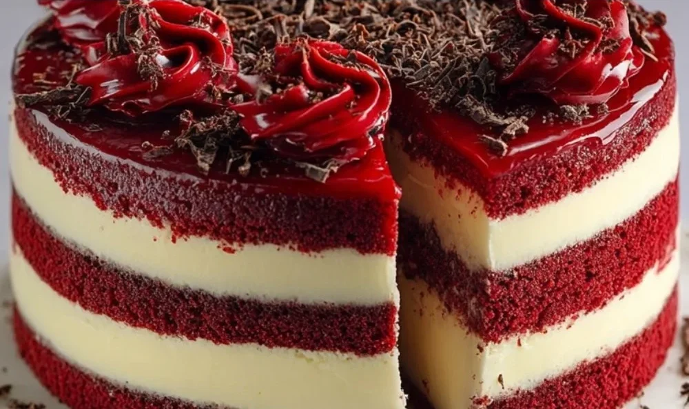 Red Velvet Cheesecake Layer Cake 1 Decadent red velvet cheesecake layer cake with cream cheese frosting