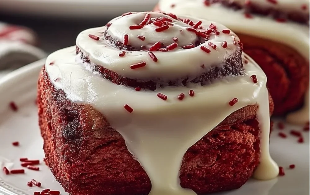 Freshly baked red velvet cinnamon rolls drizzled with cream cheese frosting.