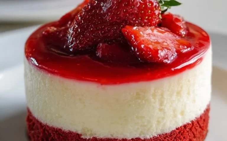 Delicious red velvet strawberry cheesecake topped with fresh strawberries