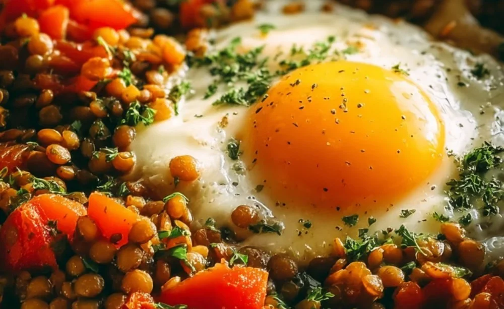 Savory lentil breakfast bowl with fresh vegetables and herbs