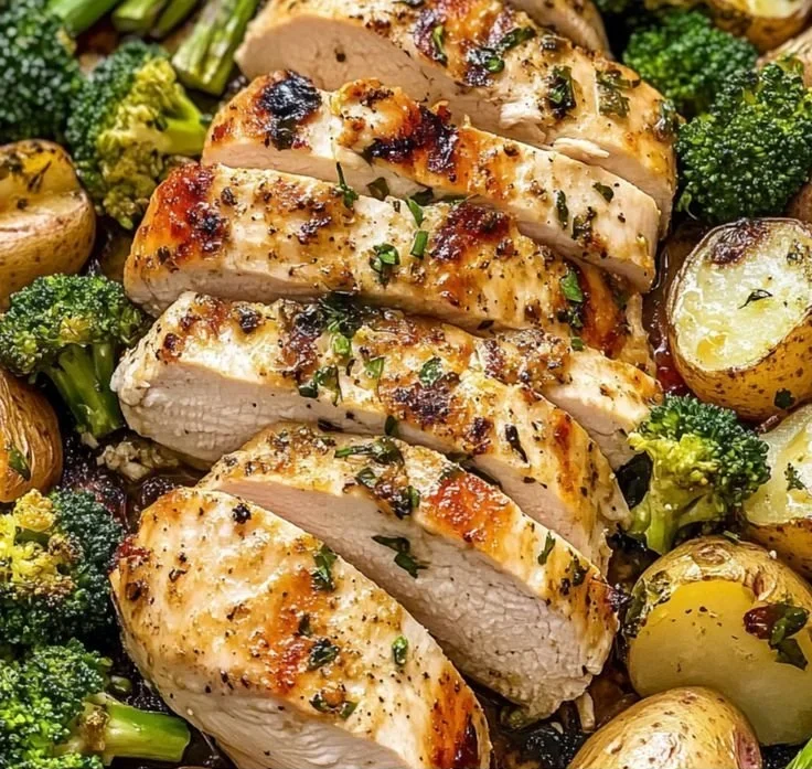 Sheet Pan Garlic Butter Chicken served with colorful roasted vegetables.