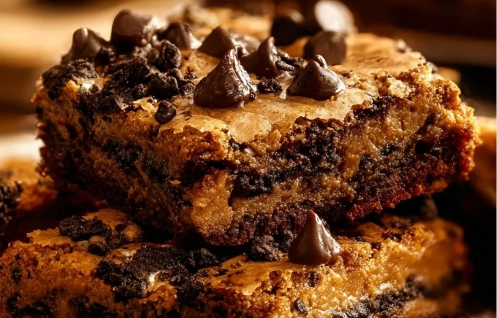 Delicious slutty brownies with layers of cookie dough, brownie, and Oreo cookies.