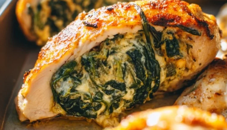 Delicious spinach stuffed chicken breasts served on a plate with herbs and spices.