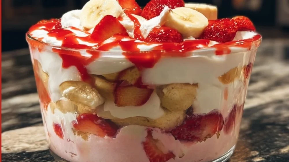 Delicious strawberry banana pudding topped with fresh strawberries and banana slices