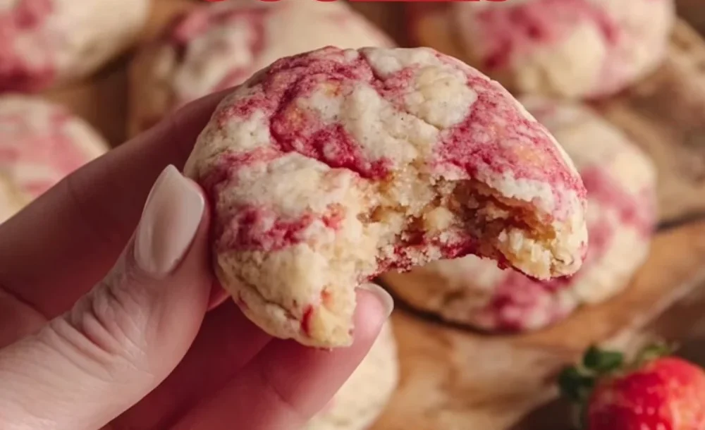 Delicious Strawberry Cheesecake Cookies on a plate with fresh strawberries