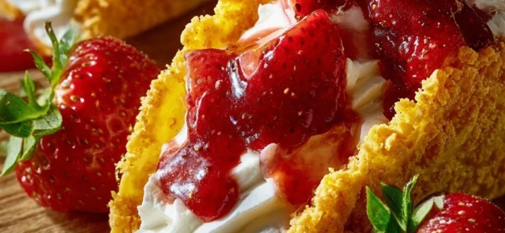 Strawberry Crunch Cheesecake Tacos with a crunchy topping and fresh strawberries
