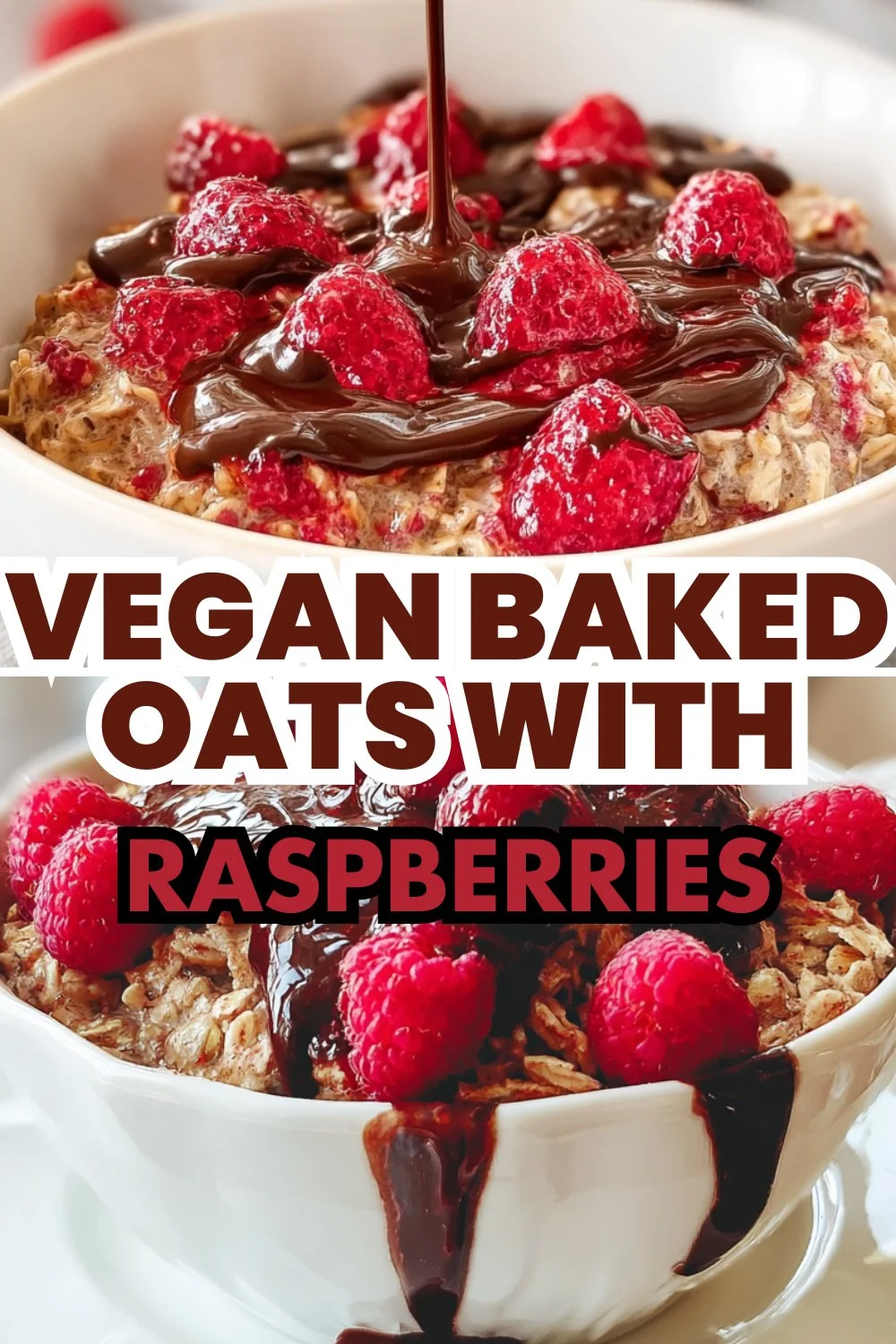 Delicious vegan baked oats with fresh raspberries served in a bowl