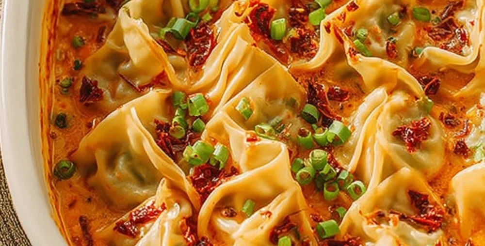 Viral Trader Joe's Dumpling Bake 1 Viral Trader Joe's Dumpling Bake dish with golden crispy dumplings