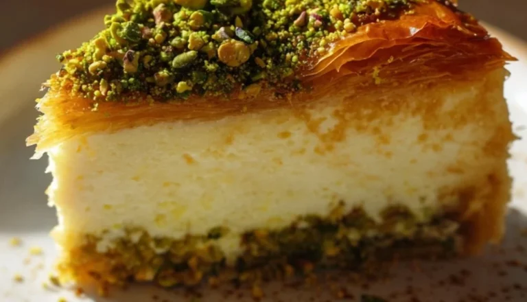 Delicious Baklava Pistachio Cheesecake with layers of pistachio and baklava crust
