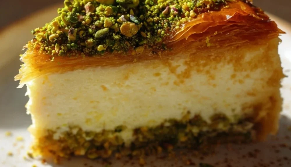 Delicious Baklava Pistachio Cheesecake with layers of pistachio and baklava crust