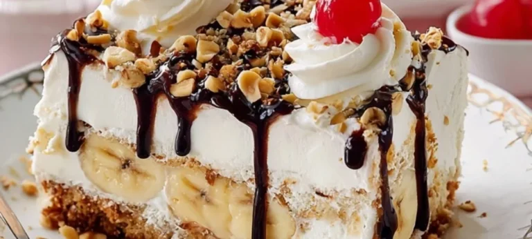 Delicious Banana Split Cake topped with whipped cream, bananas, and cherries.