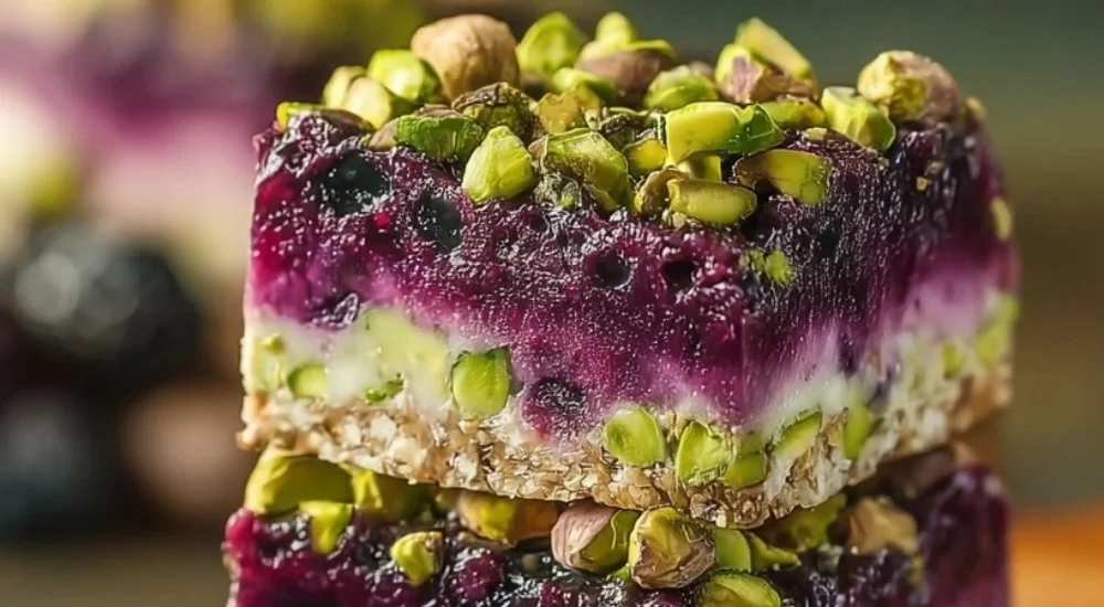 Blackberry pistachio dream bars with fresh berries on a wooden table.