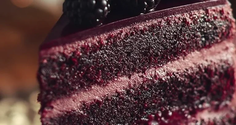 Sliced Blackberry Velvet Gothic Cake showcasing rich layers and berry toppings.