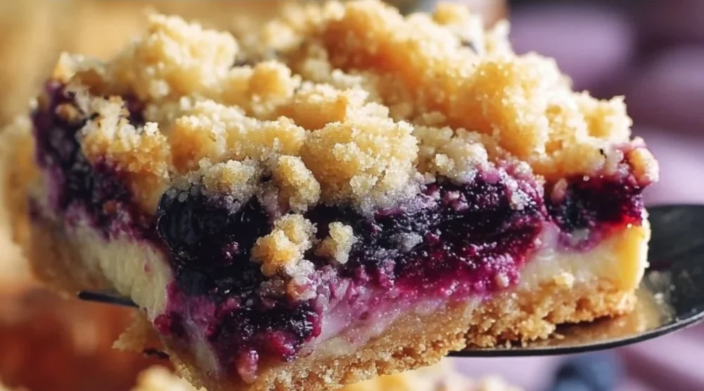Delicious blueberry cream cheese bars topped with fresh blueberries and cream cheese frosting.