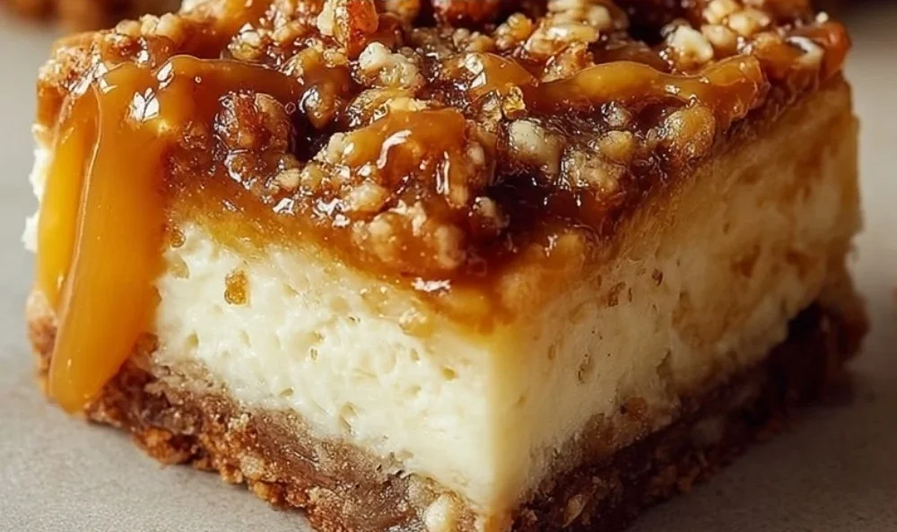 Caramel Apple Cheesecake Bars topped with caramel and apple slices