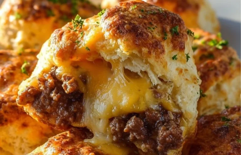 Cheesy beef biscuit bombs fresh out of the oven, gooey and delicious.