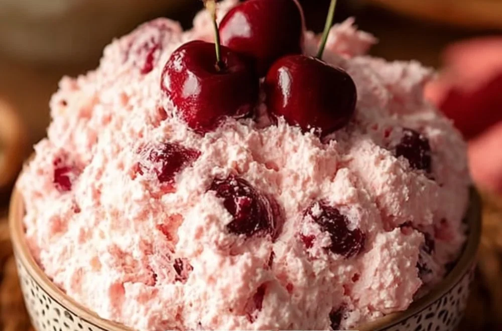 Delicious Cherry Cheesecake Fluff dessert served in a bowl