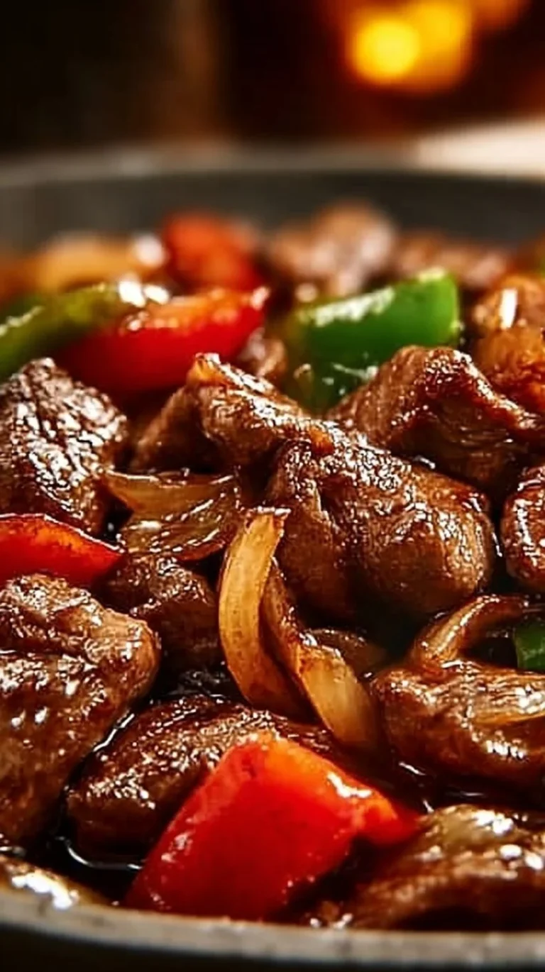 Delicious plate of Chinese pepper steak with onions served on a white dish