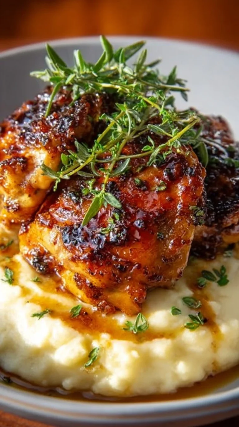 Chipotle Honey Chicken thighs served with smoked gouda mashed potatoes.