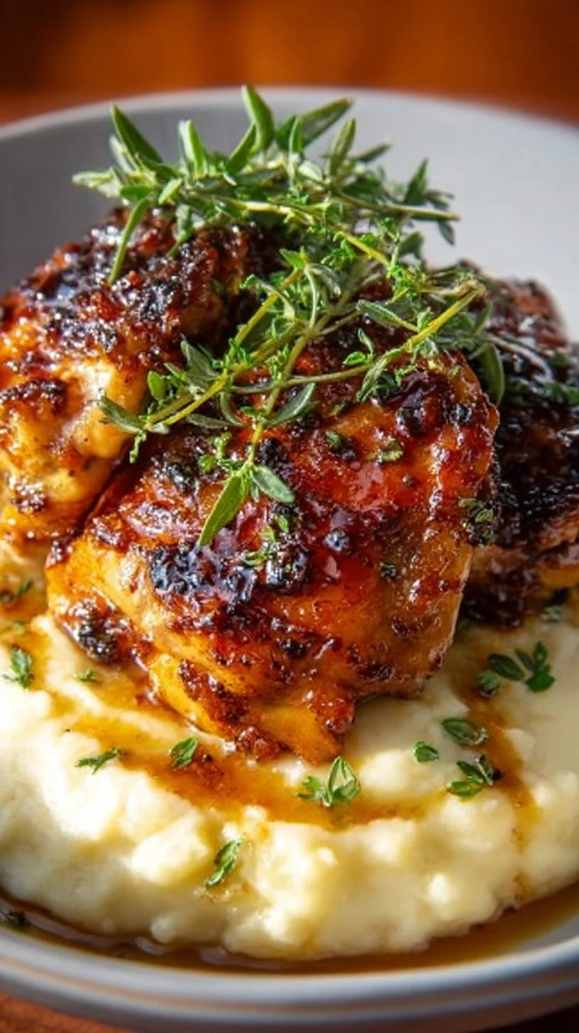 Chipotle Honey Chicken thighs served with smoked gouda mashed potatoes.