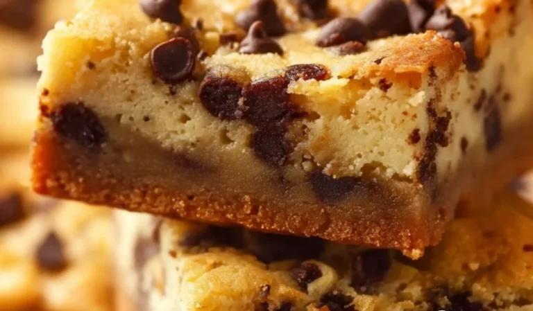 Chocolate chip cheesecake bars topped with chocolate chips and a creamy layer