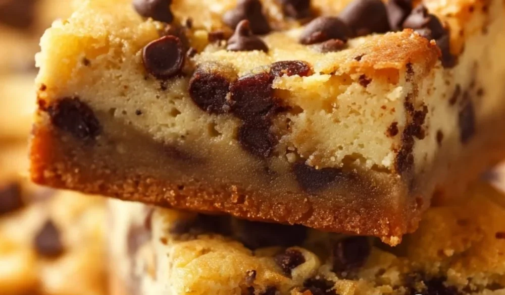 Chocolate chip cheesecake bars topped with chocolate chips and a creamy layer