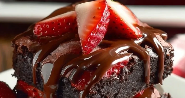 Decadent chocolate covered strawberry brownies ready to be enjoyed