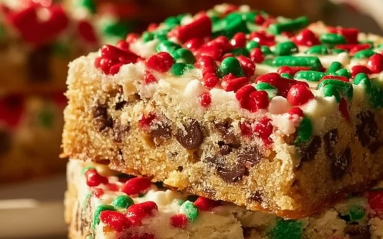 Festive Christmas cookie bars topped with colorful sprinkles and chocolate.
