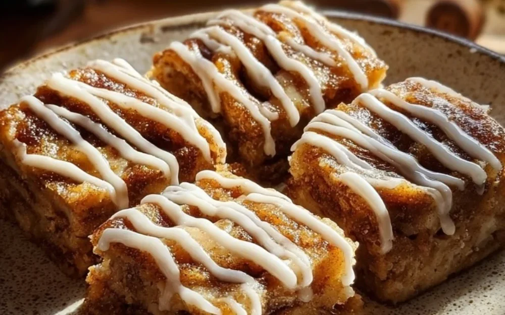 Delicious Cinnamon Roll Bliss Bars topped with creamy frosting and cinnamon swirls
