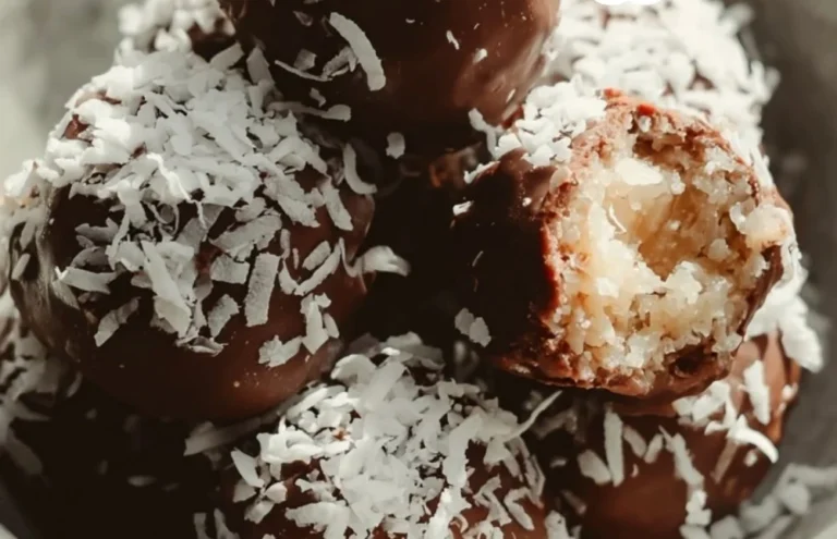 Delicious homemade coconut truffles coated in coconut flakes and chocolate.
