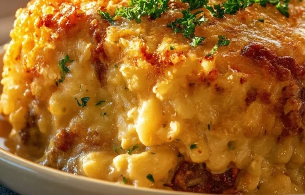 Delicious Cowboy Casserole served in a rustic dish, ideal for family meals.