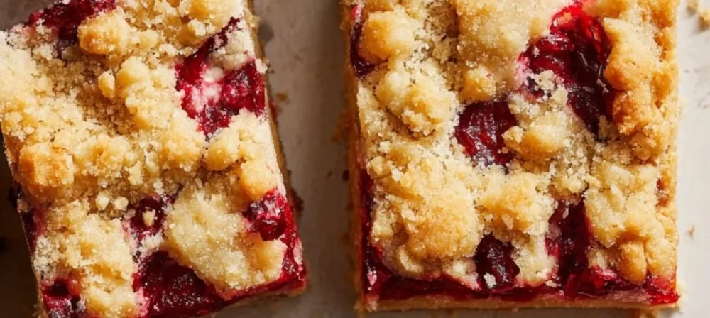 Delicious cranberry crumble bars with a sweet crumble topping and fresh cranberries.