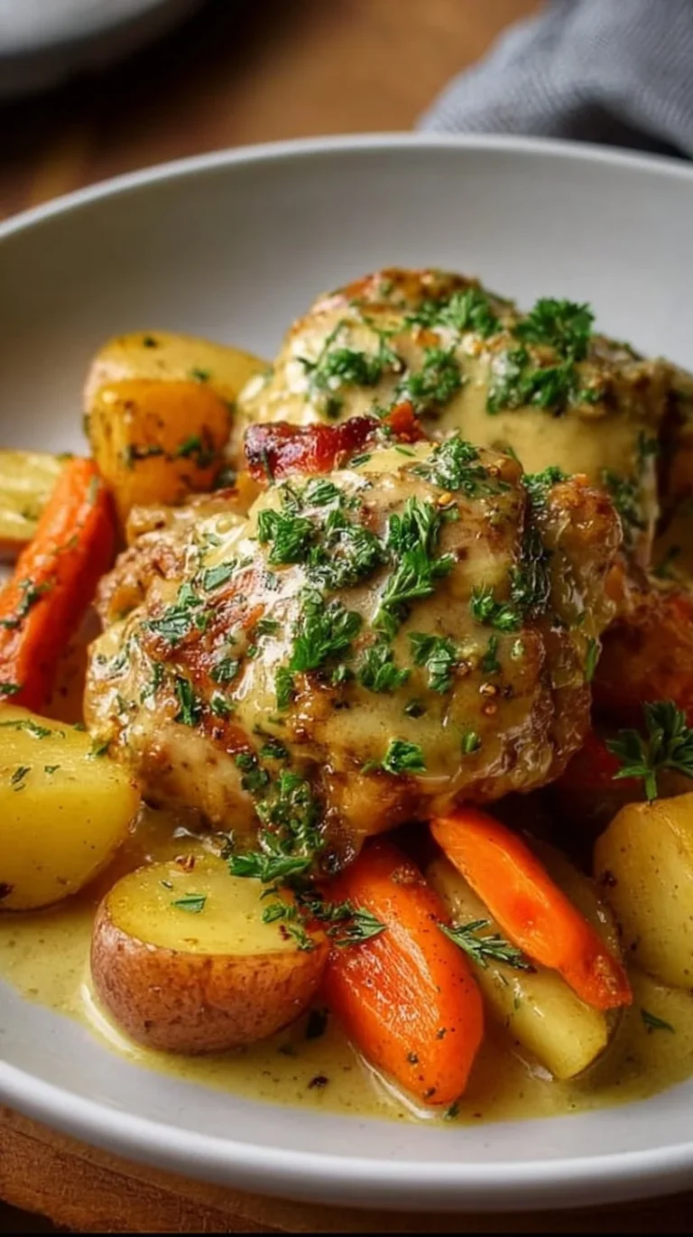 Creamy baked Dijon chicken thighs garnished with herbs and served on a plate