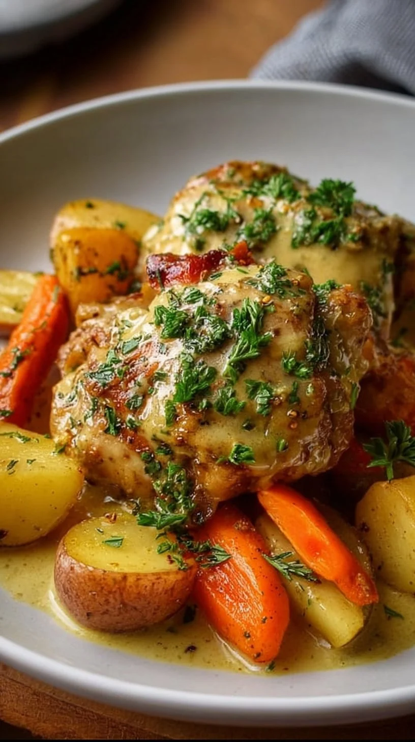 Creamy baked Dijon chicken thighs garnished with herbs and served on a plate