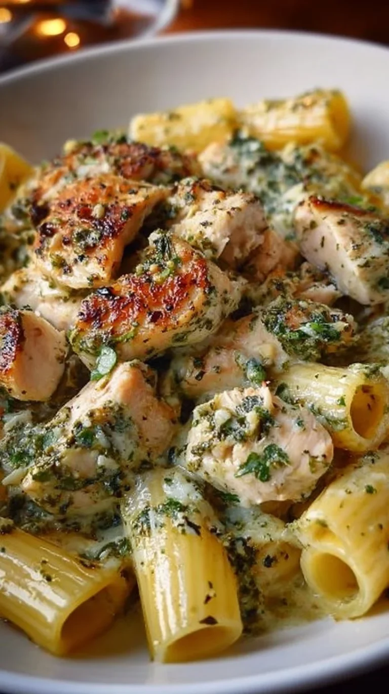 Creamy pesto chicken pasta dish garnished with fresh basil and pine nuts.